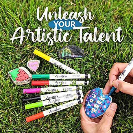 Acrylic Paint Pens for Rock Painting Set of 16 Paint Markers Extra Fine Tip for Wood, Canvas, Plastic, Ceramic, Glass, Drawing Craft Supplies for Acrylico