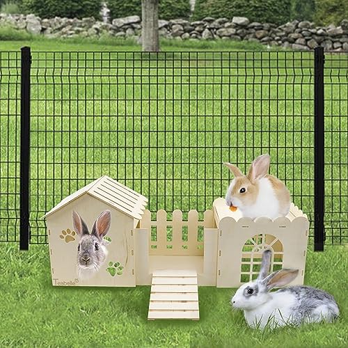 Large Rabbit Wooden Castle Hideout, Multi-Chamber Small Animal Wooden House Cage, Bunny Playhouse Habitat Decor Tunnel for Dwarf Rabbit Guinea Pig Teabelle