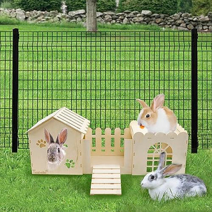 Large Rabbit Wooden Castle Hideout, Multi-Chamber Small Animal Wooden House Cage, Bunny Playhouse Habitat Decor Tunnel for Dwarf Rabbit Guinea Pig - WoodArtSupply