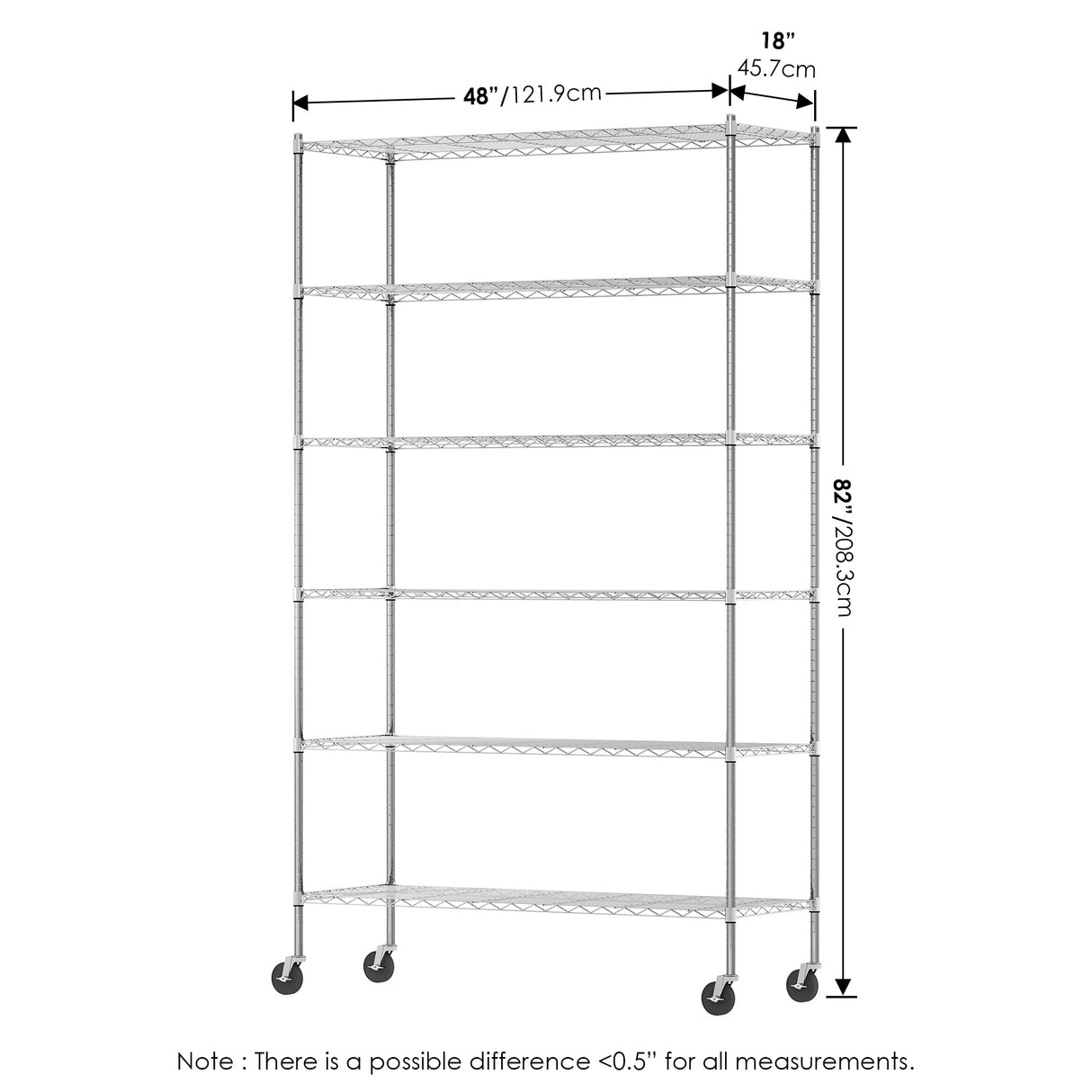 Furinno Wayar Metal Storage Shelf Rack, 6 Tiers, 48-Inch Taller, Stainless Steel Furinno