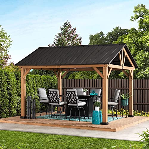 Sunjoy Wood Gazebo 11 x 13 ft. Outdoor Patio Premium Cedar Frame Gazebos with Matte Black Steel Gable Hardtop Roof for Garden, Backyard Shade, Black