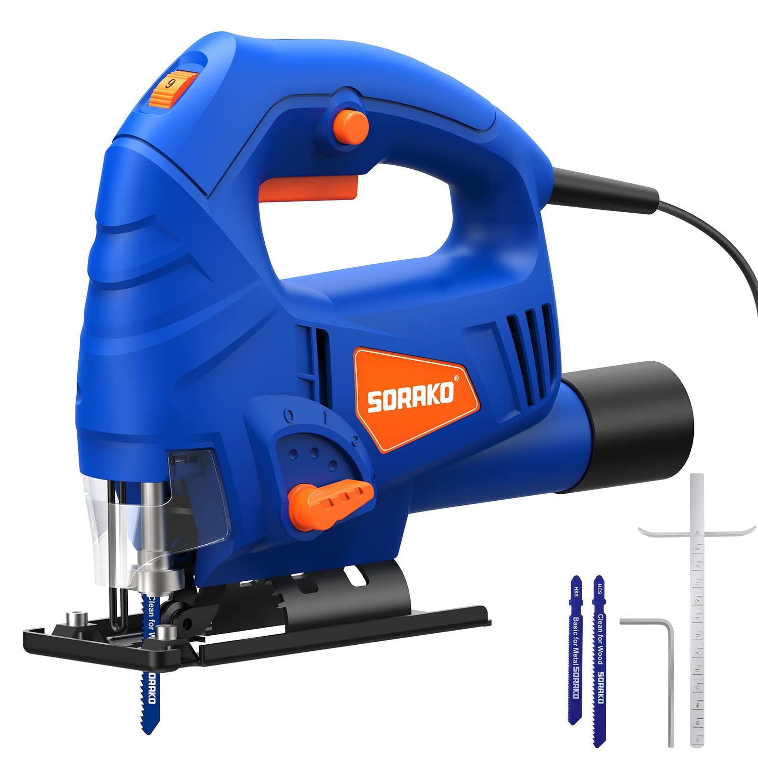SORAKO Jigsaw, 5.0Amp Jig Saw Tool Corded Electric Power Cutter,800-3000 SPM Jig Saw, 6 Variable Speed, 0°-45° Bevel Cutting, 4 Orbital Sets, for SORAKO