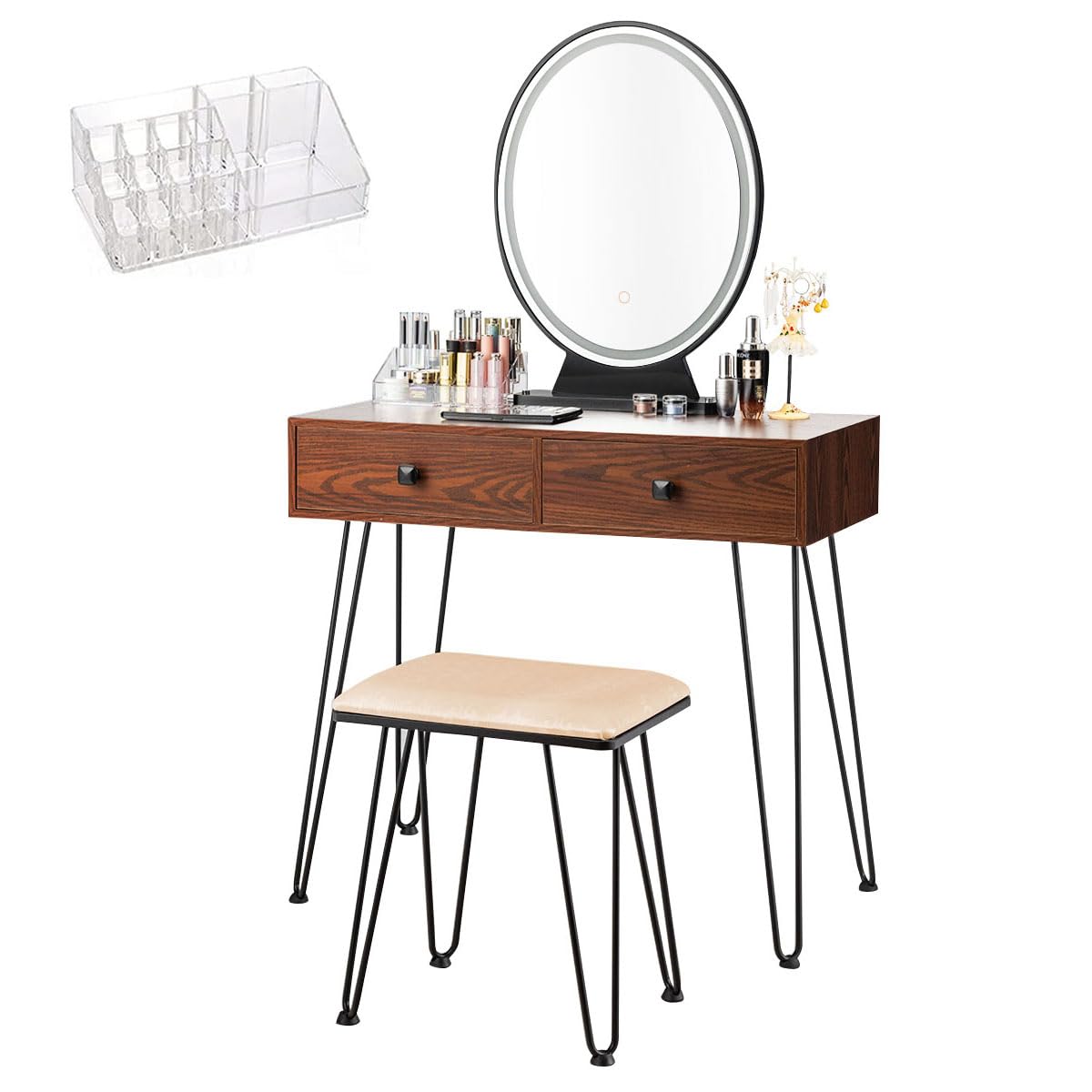 Byroce Vanity Table Set, Makeup Table with 3-Color Touch Screen Dimming Mirror, Storage Organizer, Vintage Dressing Table with Cushioned Stool for