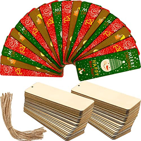 36 Sets Large Size Wood Blank Bookmarks Rectangle Shape Blank Hanging Tags Unfinished Wooden Book Markers Ornaments with Holes and Ropes for DIY Zonon