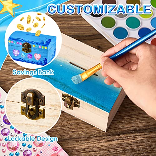 Unfinished Wood Treasure Chest Box Savings 4.72 x 3 x 3.23 Inch Treasure Chest Box Unpainted DIY with Paint Brushes and Craft Gems Self Adhesive Chapou