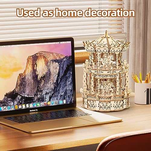 MIEBELY 3D Wooden Puzzles for Adults LED Carousel Music Box - DIY Crafts Model Building Kits for Teens Mechanical Model Stem Project Christmas Toy MIEBELY