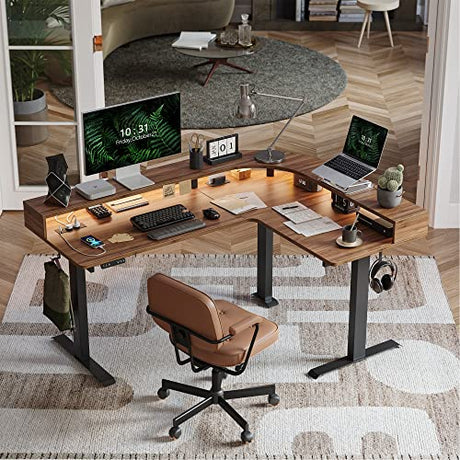 FEZIBO Triple Motor L Shaped Stadning Desk with LED Strip & Power Outrlets，63 inches Height Adjustable Stand up Corner Desk with Ergonomic Monitor FEZIBO
