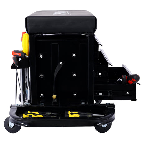AMZOSS 3-Drawer Rolling Tool Chest Seat Garage Glider Mechanic Stool with Magnetic Side Trays, Heavy Duty Rolling Tool Box for Warehouse, Workshop, AMZOSS