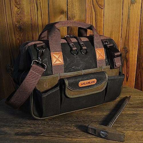 30-Pockets Canvas tool bag, 14-Inch Heavy Duty tool bag, Waxed Canvas tool bags heavy duty, Tool duffel, Lineman tool bag, Electrician tool bag, Tool WELKINLAND