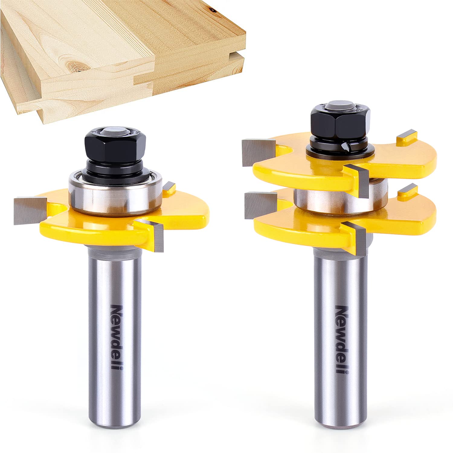 Tongue and Groove Router Bit Set 1/2 Inch Shank，Newdeli 3 Teeth Adjustable T Shape Wood Milling Cutter, Tongue Groove Router Bits Newdeli
