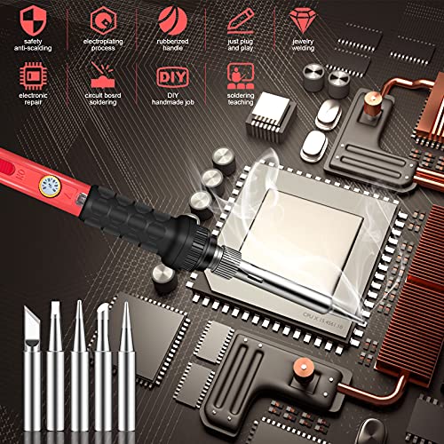 Soldering Kit, 60W Soldering Iron, 110V Welding Kit with Ceramic Heater, Portable Solder Iron Kit with 5pcs Soldering Tips, Stand, Solder Tube, - WoodArtSupply