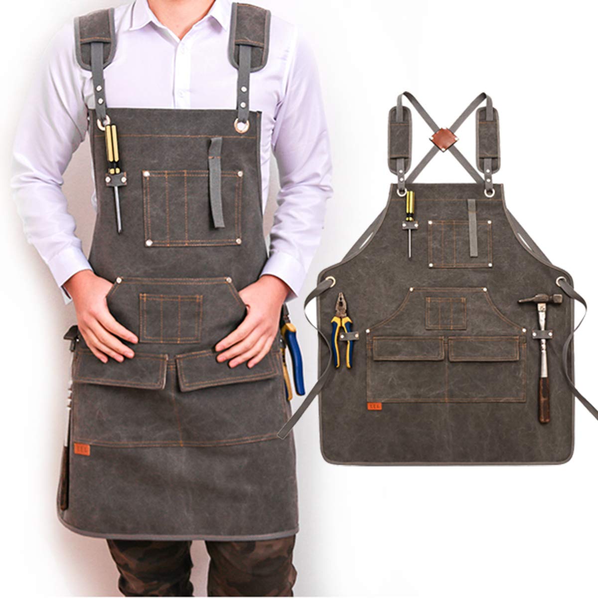 Work Apron with Pockets, Aprons 20 Oz Waxed Canvas with Magnetic Holders, Woodworking Aprons for Men,Gray - WoodArtSupply