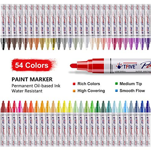 TFIVE Paint Markers Pens - 54 Colors Medium Tip Paint Markers, Permanent, Waterproof & Quick Dry, Paint Pen for Metal, Wood, Fabric, Plastic, Rock - WoodArtSupply