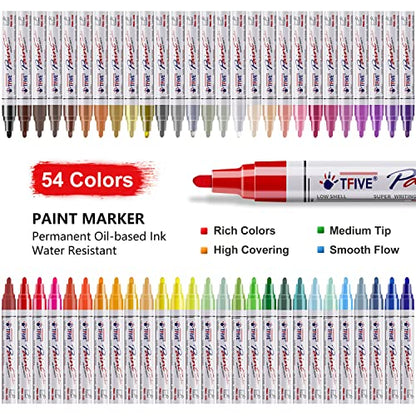 TFIVE Paint Markers Pens - 54 Colors Medium Tip Paint Markers, Permanent, Waterproof & Quick Dry, Paint Pen for Metal, Wood, Fabric, Plastic, Rock - WoodArtSupply