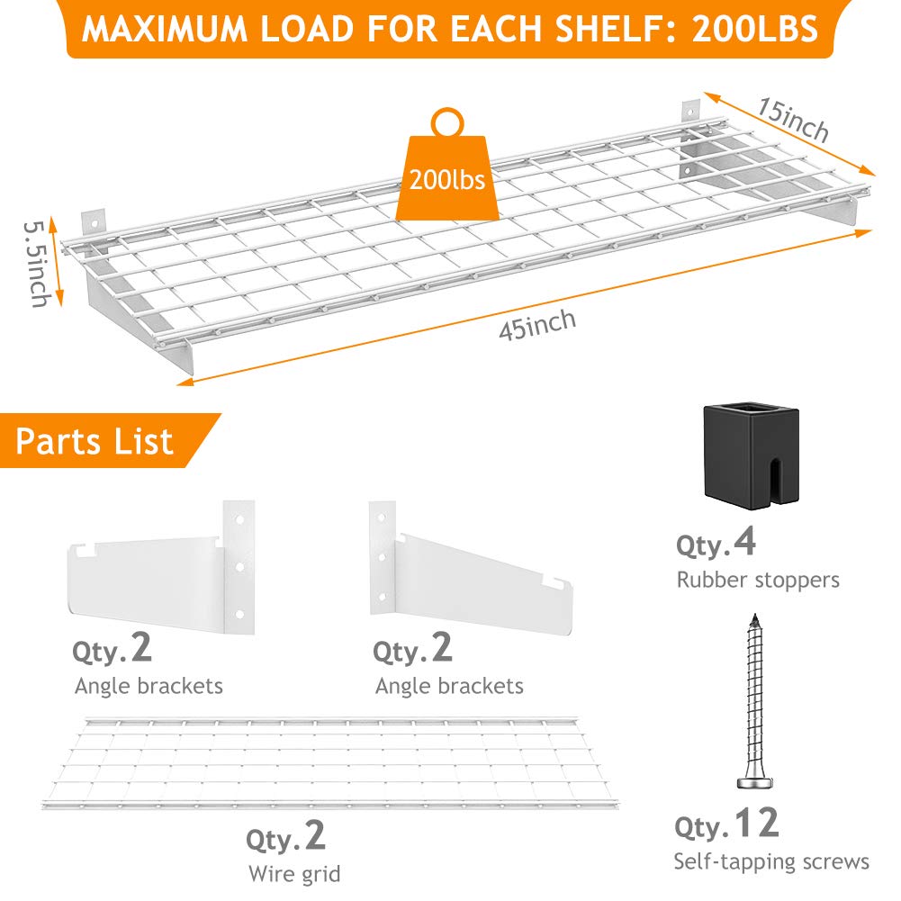 Wallmaster 2-Pack 15x45 Heavy Duty Garage Wall Shelving 45-inch-by-15-inch Wall Mount Garage Storage Rack Floating Shelves Max Load 400lb White Wallmaster