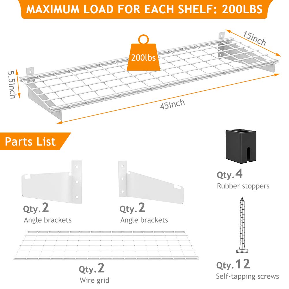 Wallmaster 2-Pack 15x45 Heavy Duty Garage Wall Shelving 45-inch-by-15-inch Wall Mount Garage Storage Rack Floating Shelves Max Load 400lb White - WoodArtSupply