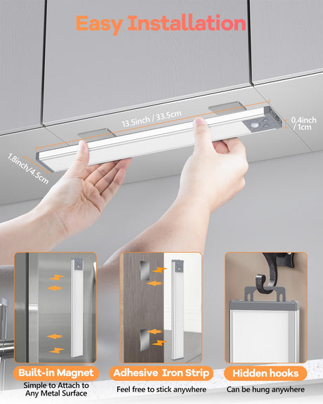 65 LED Under Cabinet Lights 2 Packs, 3 Color Temperatures Dimmable Motion Sensor Closet Lights, 2500mAh Rechargeable Under Counter , Wireless Night HIBOITEC