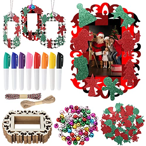 144 Pieces Unfinished Christmas Wooden Ornament Kits for Crafts, 24 Pieces Wooden Picture Frames Cutouts with Bells EVA Stickers, Wood Slices Photo Youyole