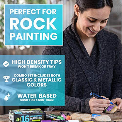 Acrylic Paint Pens for Rock Painting - NEW Acrylic Paint Markers – Includes 16 Water-based Markers with Reversible Tips for Painting Rocks, Glass, - WoodArtSupply