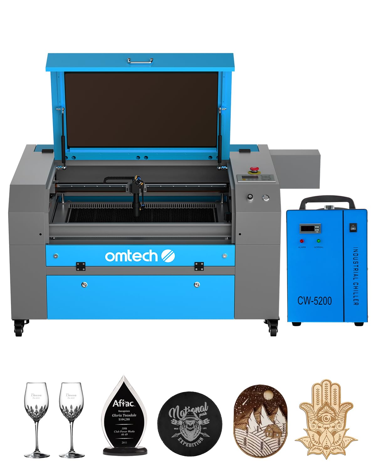 OMTech 80W CO2 Laser Engraver with Water Chiller, 20x28 Inch Laser Engraving Cutting Etching Machine with Air Assist 4 Way Pass Through Caster Wheel, - WoodArtSupply