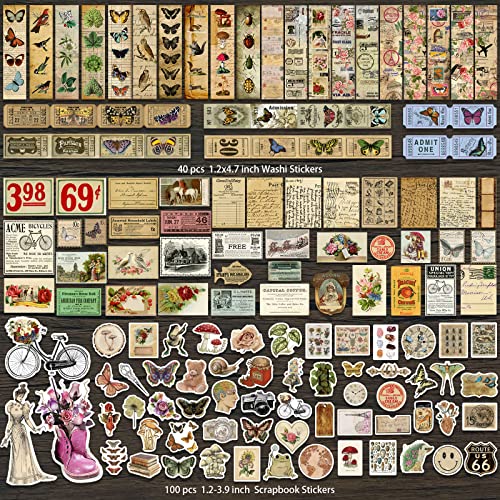 Vintage Scrapbook Washi Stickers Set - 100 Pcs Aesthetic Ephemera Scrapbooking  Supplies