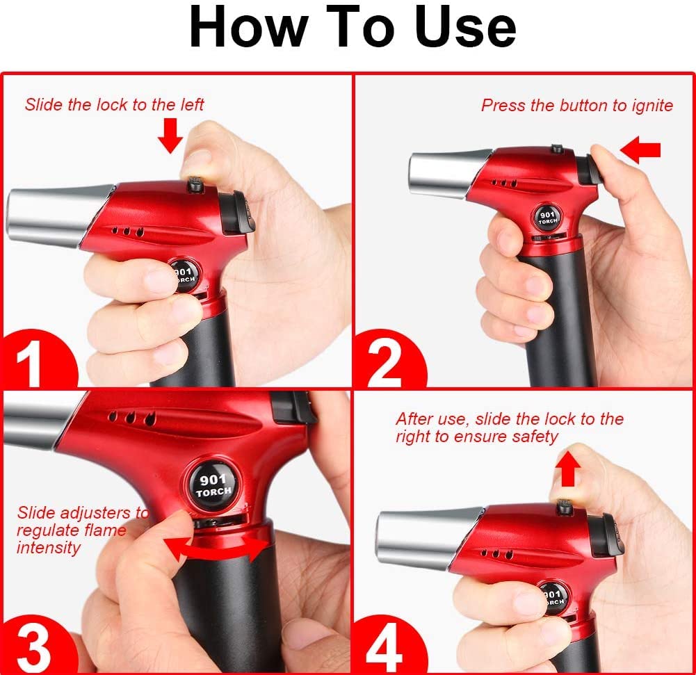 Blow Torch, Professional Kitchen Cooking Torch with Lock Adjustable Flame Refillable Mini Blow Torch Lighter for BBQ, Baking, Brulee Creme, Crafts Tencoz