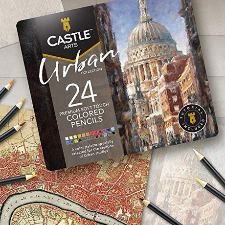 Castle Arts Themed 24 Colored Pencil Set in Tin Box, perfect Urban sketching colors featuring quality, smooth colored cores, superior blending & Castle Art Supplies
