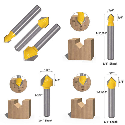 Yakamoz 6Pcs 1/4" Shank Carbide 90 Degree V-Groove and Round Nose Groove Router Bit Set 3D CNC Signmaking Lettering Engraving Cutter Woodworking - WoodArtSupply