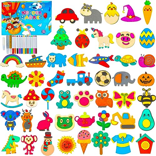 Max Fun 48-Pack DIY Wooden Magnets, Arts & Crafts for Boys and Girls Ages 3-12, Painting Craft Activities Kit, Craft Gift Toys for Age 3, 4, 5, 6, 7,