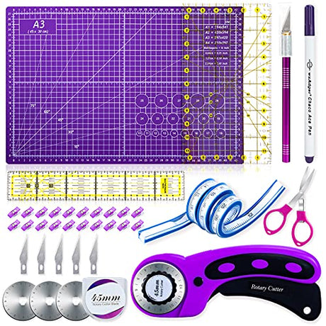 Nicecho Rotary Cutter Set,Sewing Quilting Supplies,45mm Fabric Cutters,A3 Cutting Mat for Sewing,Acrylic Rulers,Scissors,Exacto Knife,Clips,Beginners Nicecho