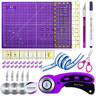 Nicecho Rotary Cutter Set,Sewing Quilting Supplies,45mm Fabric Cutters,A3 Cutting Mat for Sewing,Acrylic Rulers,Scissors,Exacto Knife,Clips,Beginners