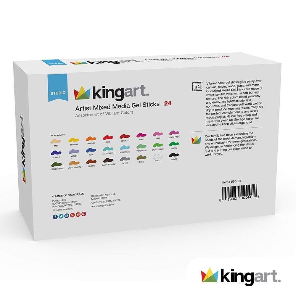 KINGART 580-24 GEL STICK Set, Artist Pigment Crayons, 24 Unique Colors, Water Soluble, Creamy, and Odorless, Use on Paper, Wood, Canvas and more KINGART