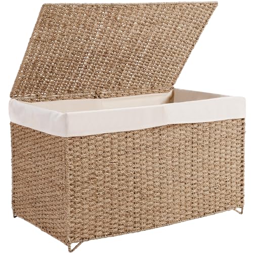 PrimeZone Double Laundry Hamper with Lid - 160L (42 Gallon) Natural Seagrass Hand Woven Clothes Laundry Basket with 2 Section Removable Liner, - WoodArtSupply