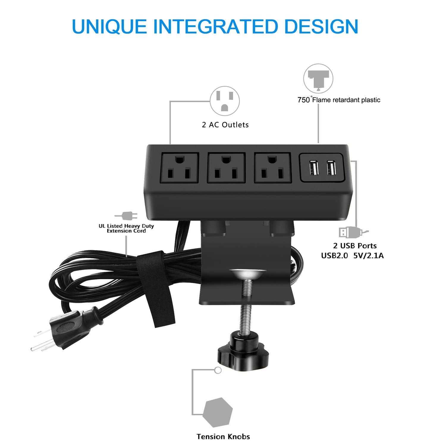 CCCEI 3 Outlet Desk Clamp Power Strip with USB Ports, Desktop Power Strip Surge Protector 1200J. Desk Mount Charging Power Station, on Desk Edge CCCEI