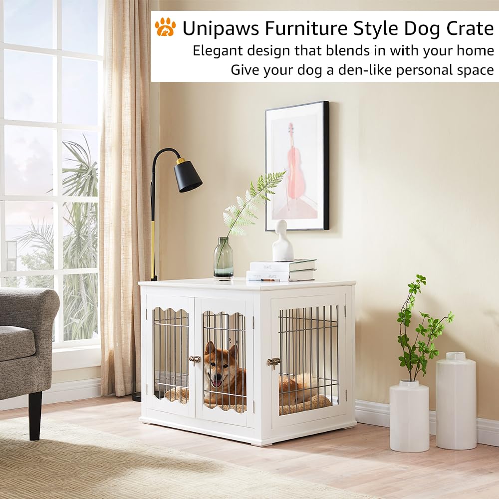 unipaws Furniture Style White Dog Crate for Medium Dogs, Indoor Aesthetic Puppy Kennel, Modern Decorative Wood Wire Pet House Dog Cage, Pretty Cute unipaws