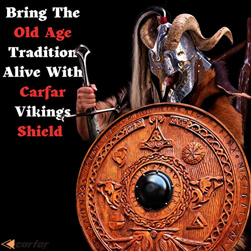 Carfar Medieval Vikings Era Full Adult Size 30inch Warrior Shield Handmade Natural Wood Carved Battle Play Halloween Cosplay (Leif Erikson) Carfar