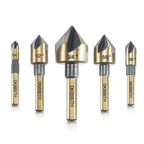 Countersink Drill Bit Set, 5 Pieces High Speed Steel 82 Degree 5 Flute 6mm Round Shank Mill Cutter Bit Countersink in Sizes 1/4” 3/8” 1/2” 5/8” 3/4” DKIBBITH