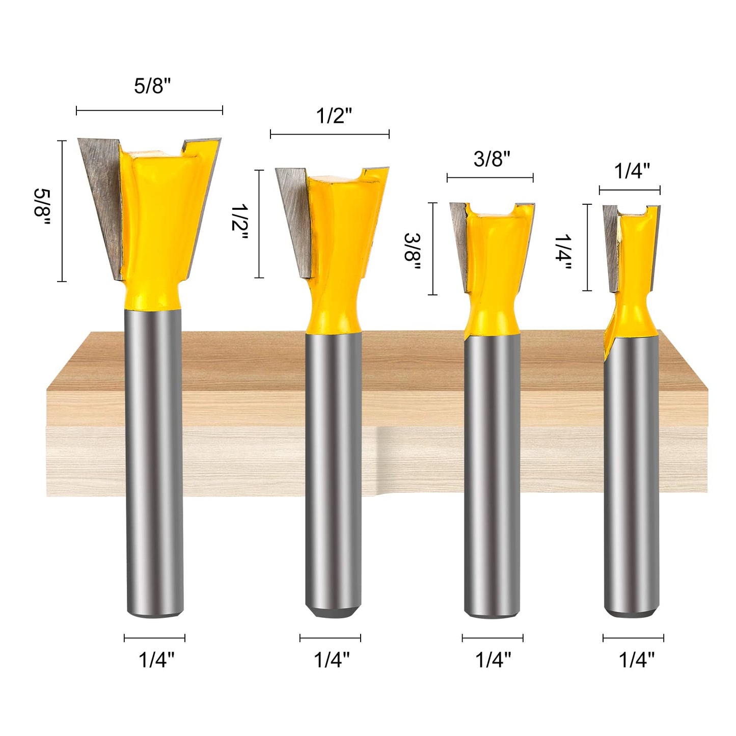 Yueqing Zhongji 1/4 Inch Shank Dovetail Router Bit Set 1/4"3/8"1/2" 5/8" Dovetail Router Bit-1/4"Shank -4PCS - WoodArtSupply