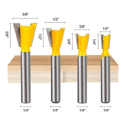 Yueqing Zhongji 1/4 Inch Shank Dovetail Router Bit Set 1/4"3/8"1/2" 5/8" Dovetail Router Bit-1/4"Shank -4PCS - WoodArtSupply