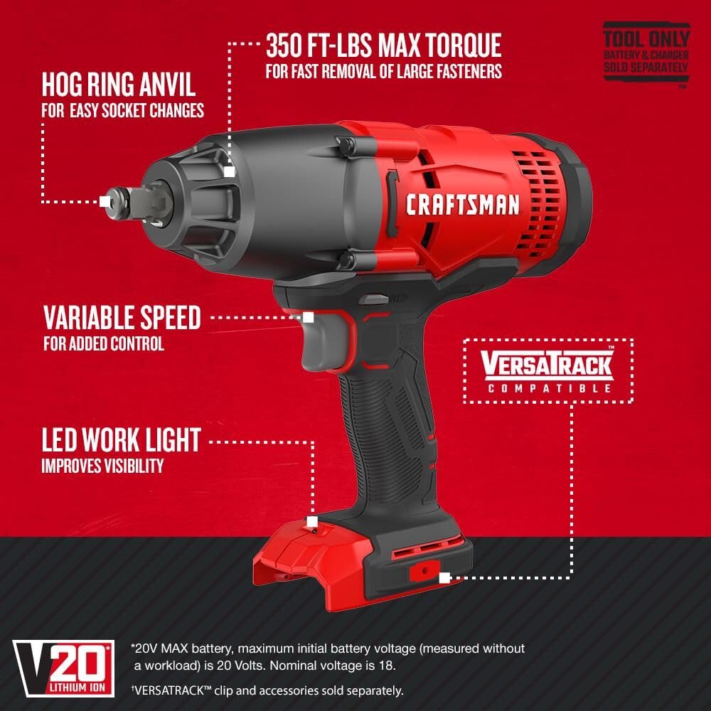 CRAFTSMAN V20 Cordless Impact Wrench, 1/2 inch, Bare Tool Only (CMCF900B) Craftsman