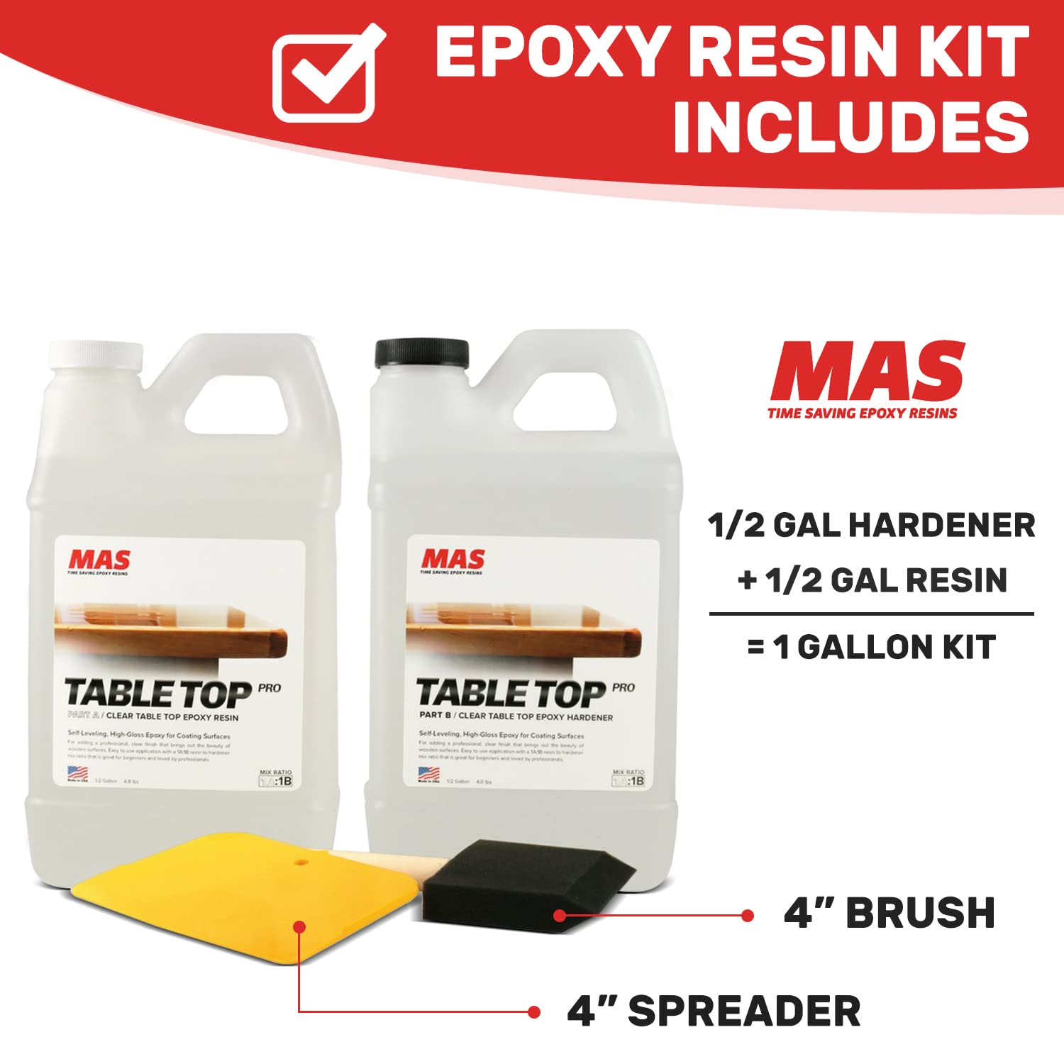 MAS Table Top Pro (1-Gallon Kit) | Crystal Clear Casting for DIY Arts and Crafts Projects | 2-Part Resin and Hardener Epoxy Kit | for Countertops, MAS