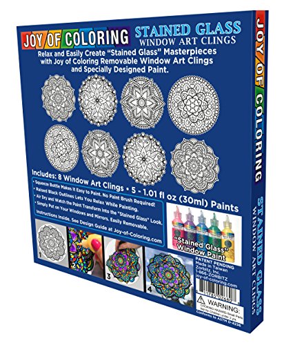 ZORBITZ Joy of Coloring Stained Glass Window Art Clings DIY Kit,8 Clings& 5 Paints,4 Gorgeous,Intricate Mandala Designs,Designed Paint,Removable Joy of Coloring