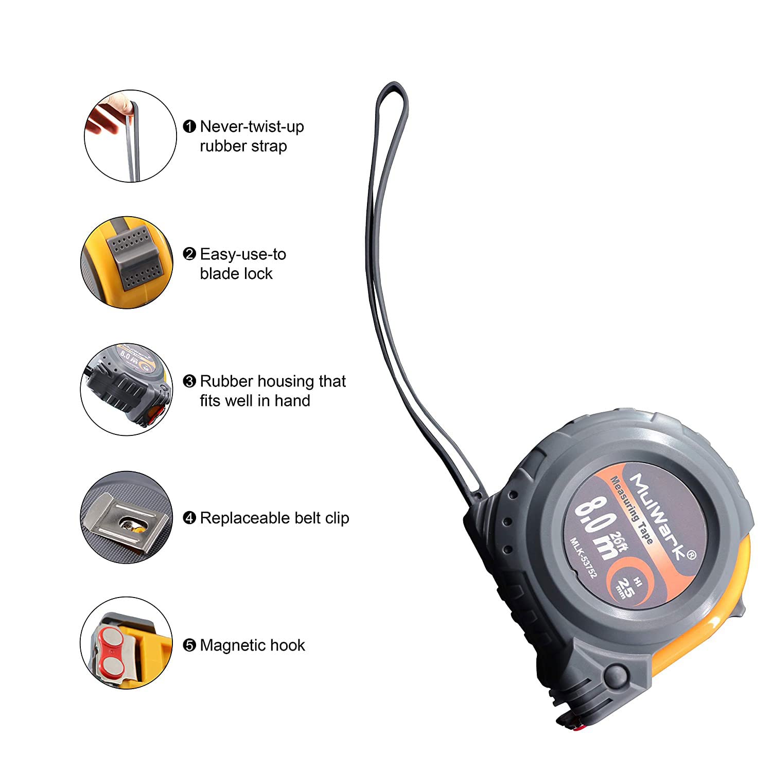 MulWark 26ft Measuring Tape Measure by Imperial Inch Metric Scale with Both-Side Metal Blade,Magnetic Tip Hook and Shock Absorbent Case-for MULWARK