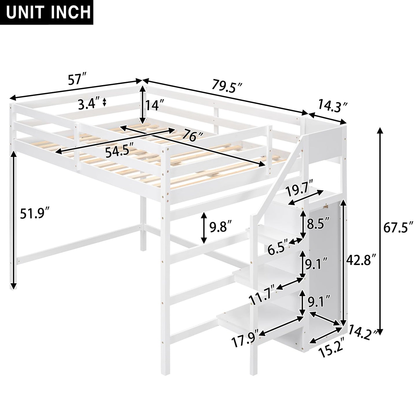 Harper & Bright Designs Full Size White Loft Bed with Stairs and Storage Wardrobe for Kids, Teens, and Adults - WoodArtSupply