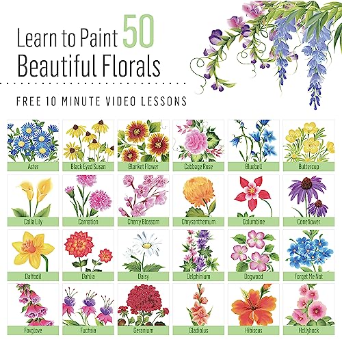 FolkArt Z' Floral One Stroke Kit, Including 10 Multi-Surface Paints, 5 Brushes, 50 Full-Color Teaching Guides, 1 Floating Medium, and a Wood Storage FolkArt