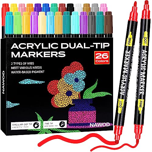 NAWOD 26 Colors Dual Tip Acrylic Paint Pens Markers, Acrylic paint pens for Rock Painting, Canvas, Wood, Glass, Ceramic Surfaces, Stone, Fabric, - WoodArtSupply