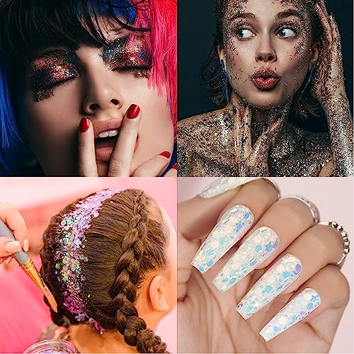 Holographic Chunky and Fine Glitter Mix, 45 Colors Craft Glitter for Epoxy Resin Arts, Iridescent Nail Glitter, Cosmetic Eye Hair Face Body Glitter, Linwulte