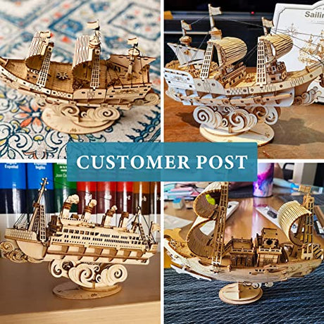 RoWood Vintage Wooden Watercraft Model Kit - 3D Ship Puzzle for Adults RoWood