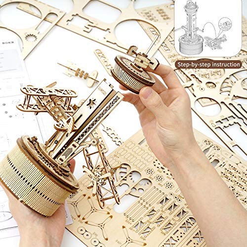 ROKR 3D Wooden Puzzle for Adults Airplane Tower Music Box - DIY Mechanical Model Building Kit 10", Gifts for Boys/Girls/Parents/Family