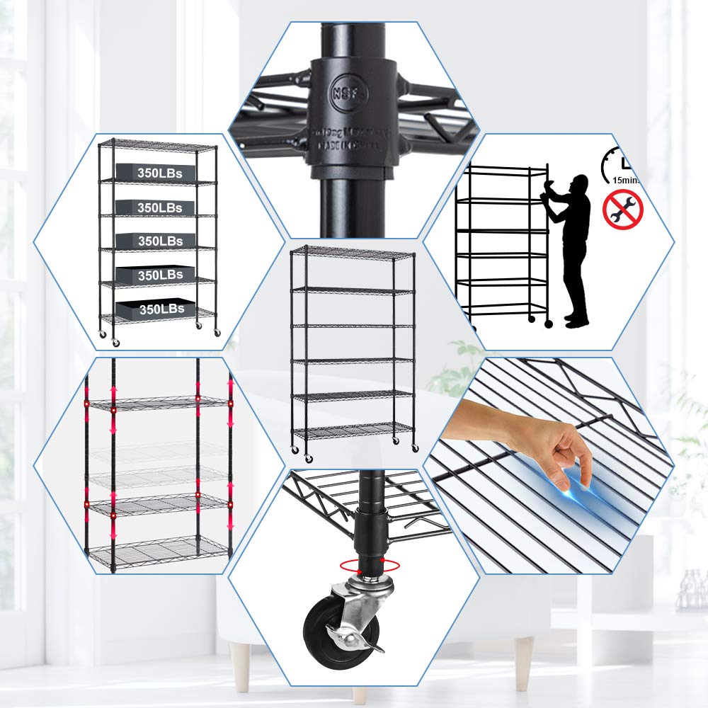 BestMassage 72"x48"x18" 6 Tire Wire Shelving Unit NSF Storage Shelves Large Heavy Duty Metal Shelf Organizer Height Adjustable Commercial Grade Steel BestMassage